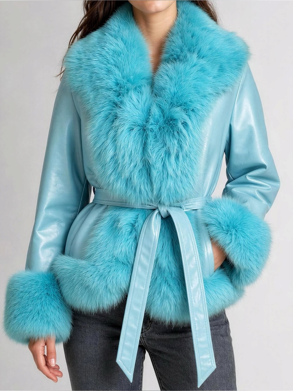 DANIEL’S LEATHER NYC (DLNYC) Faux Leather Faux Fur Short Belted Jacket, Teal, SM